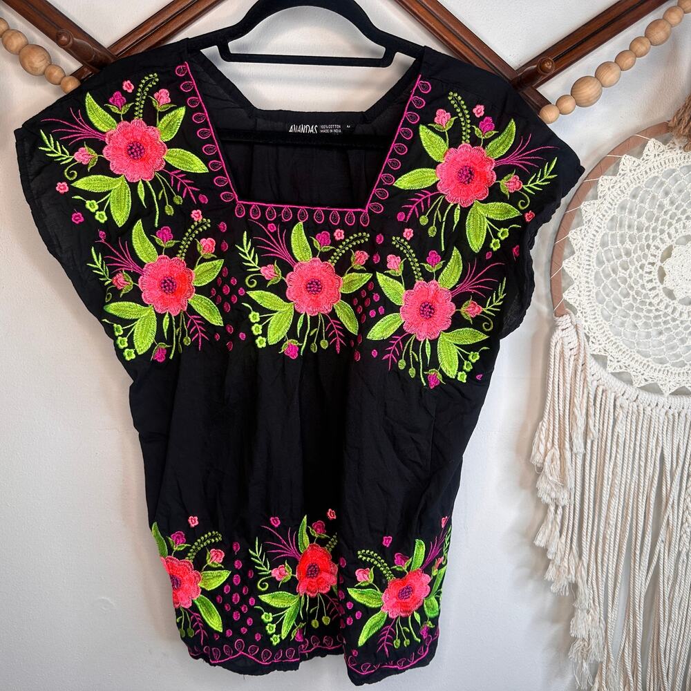 Anandas Black Floral Embroidered Top